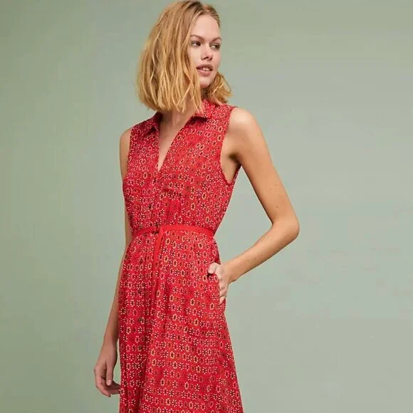 MAEVE (by Anthropologie) Vicki Red Geometric Floral Shirtdress Sleeveless Midi 2 - Picture 4 of 11